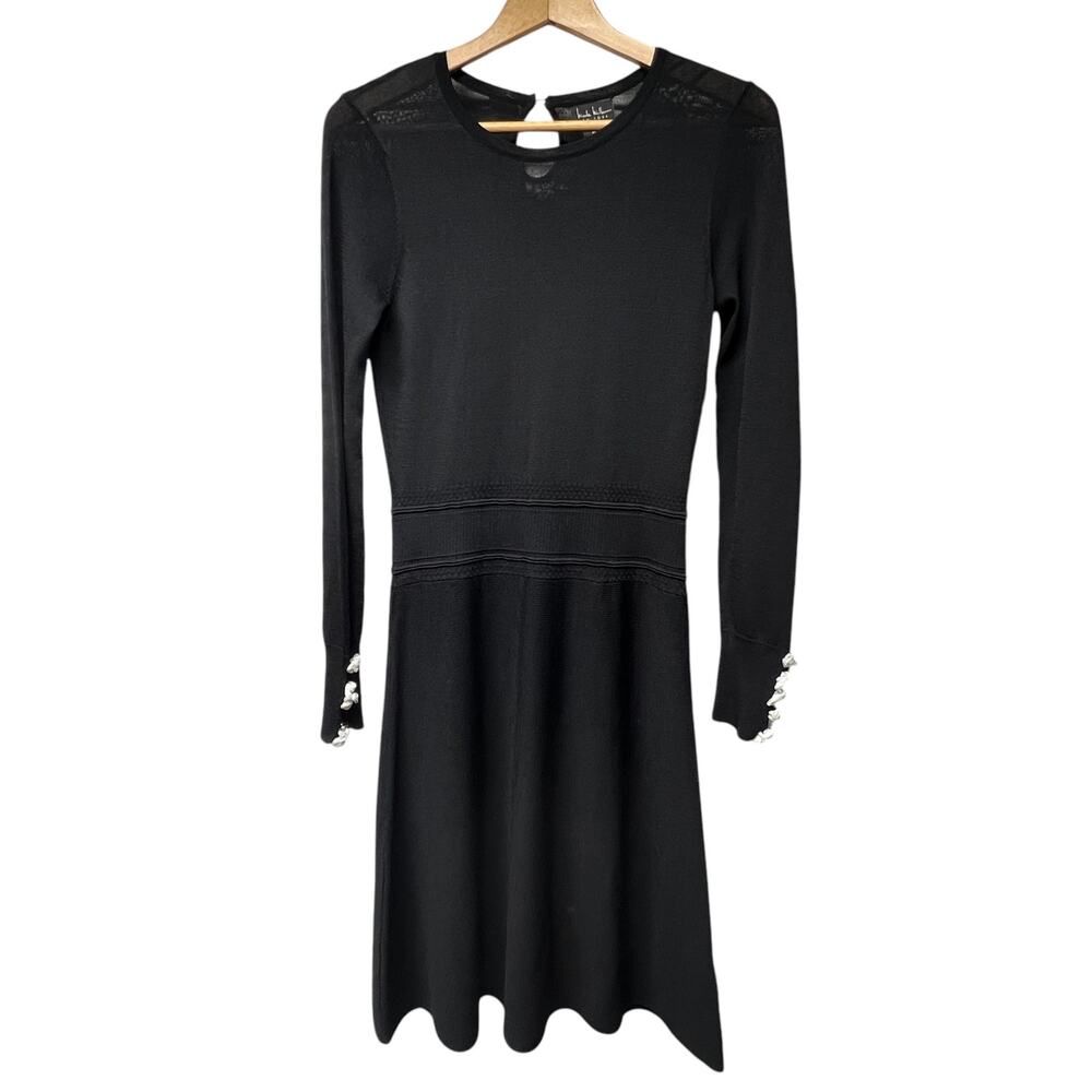 NWT Nicole Miller Size Small Fit & Flare Black Long Sleeve Dress Pearl Accents